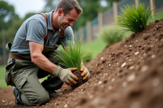 Paysagiste plantant des graminées ornementales sur un talus en pente avec filet anti-érosion