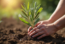 Mains plantant un jeune olivier dans un sol riche