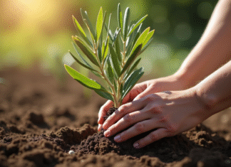 Mains plantant un jeune olivier dans un sol riche