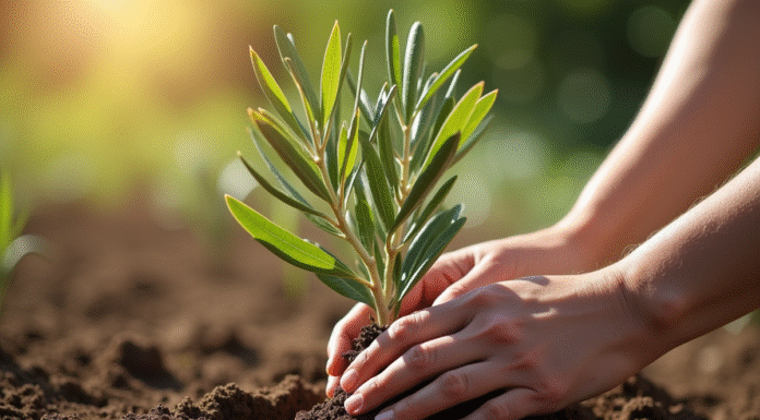 Mains plantant un jeune olivier dans un sol riche