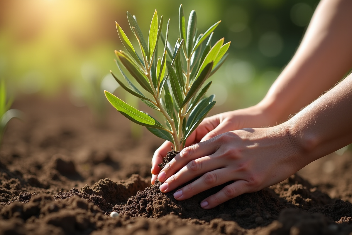 Mains plantant un jeune olivier dans un sol riche