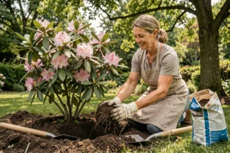 Femme plantant un rhododendron en pleine terre dans un jardin ombragé, appuyant la motte dans un sol riche et acide