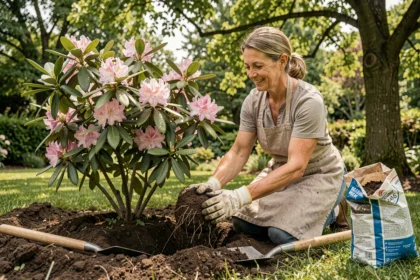 Femme plantant un rhododendron en pleine terre dans un jardin ombragé, appuyant la motte dans un sol riche et acide