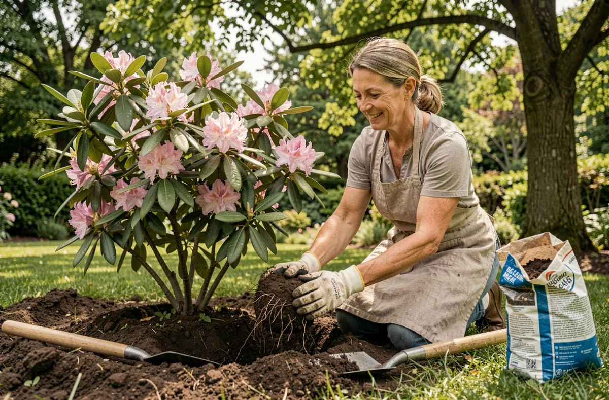 Femme plantant un rhododendron en pleine terre dans un jardin ombragé, appuyant la motte dans un sol riche et acide