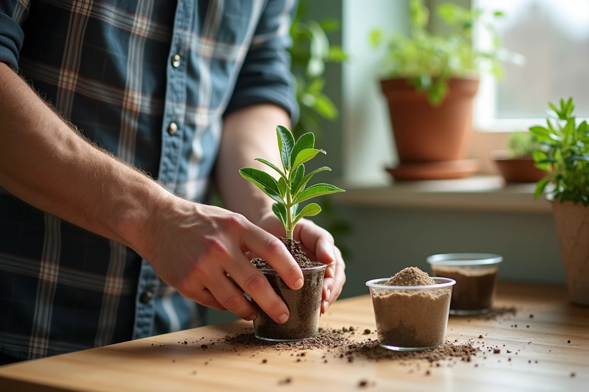 Hommes plantant des sauges dans des gobelets en cuisine