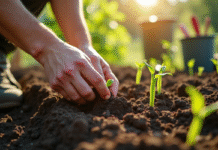 Mains de jardinier plantant des graines de haricots verts dans un sol riche