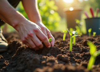 Mains de jardinier plantant des graines de haricots verts dans un sol riche