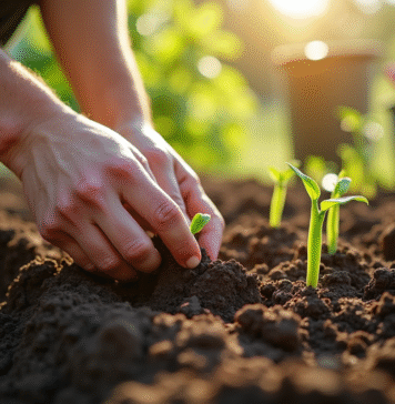 Mains de jardinier plantant des graines de haricots verts dans un sol riche