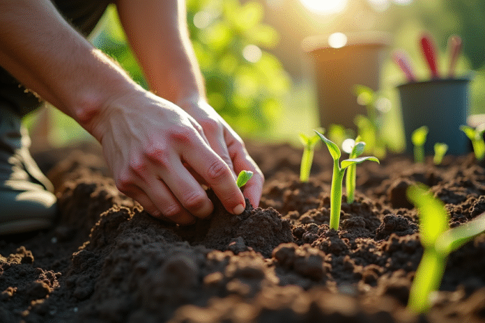 Mains de jardinier plantant des graines de haricots verts dans un sol riche