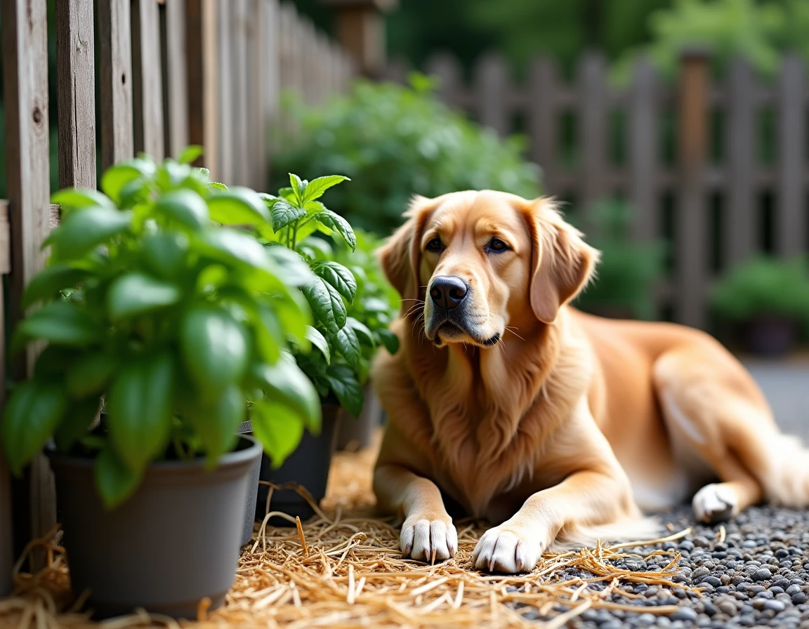 Plantes de basilic et menthe placées dans un chenil extérieur pour éloigner naturellement les mouches des chiens