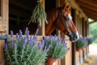 Plantes de lavande et romarin disposées dans une écurie en bois pour repousser les mouches naturellement près des chevaux