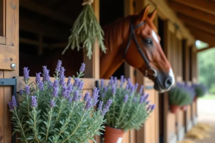 Plantes de lavande et romarin disposées dans une écurie en bois pour repousser les mouches naturellement près des chevaux