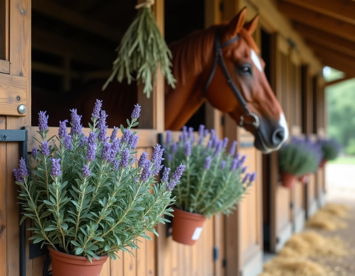 Plantes de lavande et romarin disposées dans une écurie en bois pour repousser les mouches naturellement près des chevaux