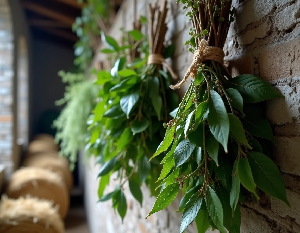 Bouquets de sureau, eucalyptus et tanaisie séchés accrochés dans une grange pour repousser les mouches de façon naturelle