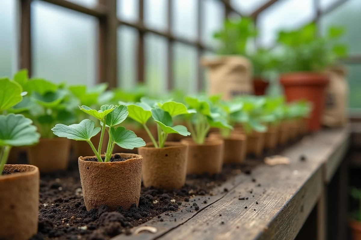 Plants de melon en godets biodégradables prêts à être repiqués en serre sur une table de rempotage