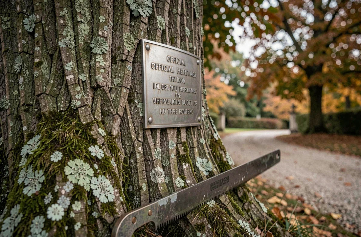 Plaque officielle de classement patrimonial fixée sur l'écorce d'un arbre ancien avec une scie d'élagage au premier plan