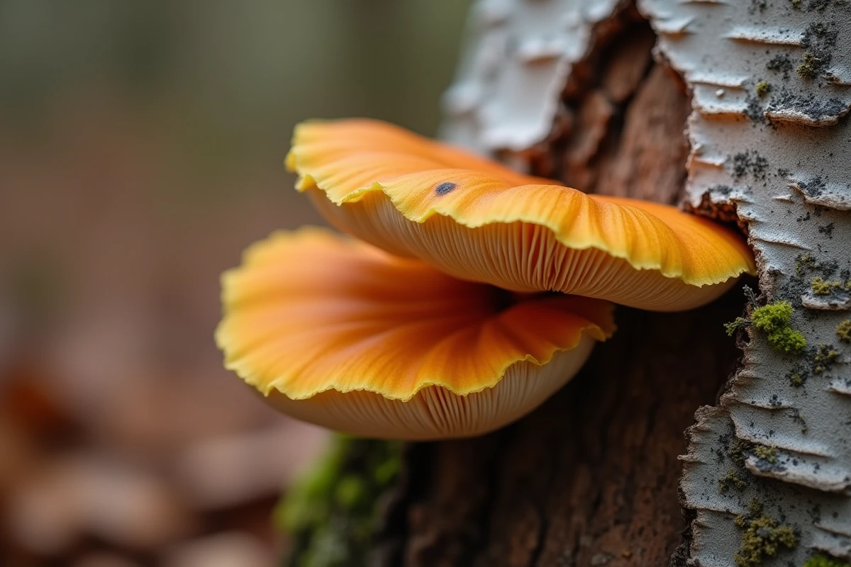 Gros plan d'un polypore orange sur écorce de bouleau tombé, vue en trois quarts pour comparaison mycologique