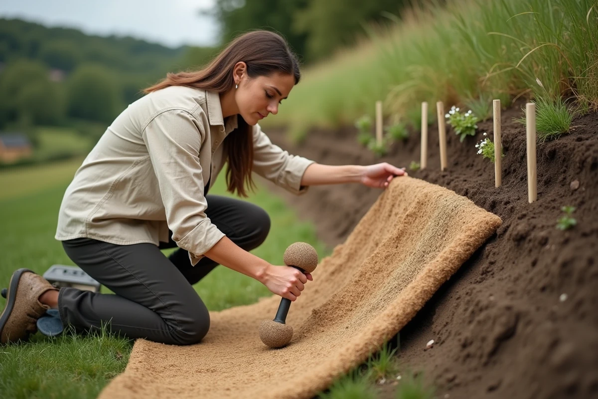 Femme installant un géotextile en fibres de coco sur un talus pour prévenir l'érosion du sol