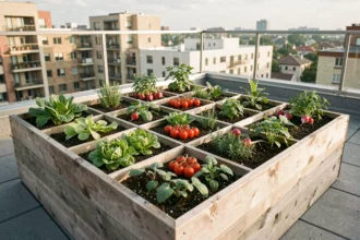 Potager en carré sur une terrasse urbaine avec légumes variés organisés en petits carrés délimités par des lattes en bois