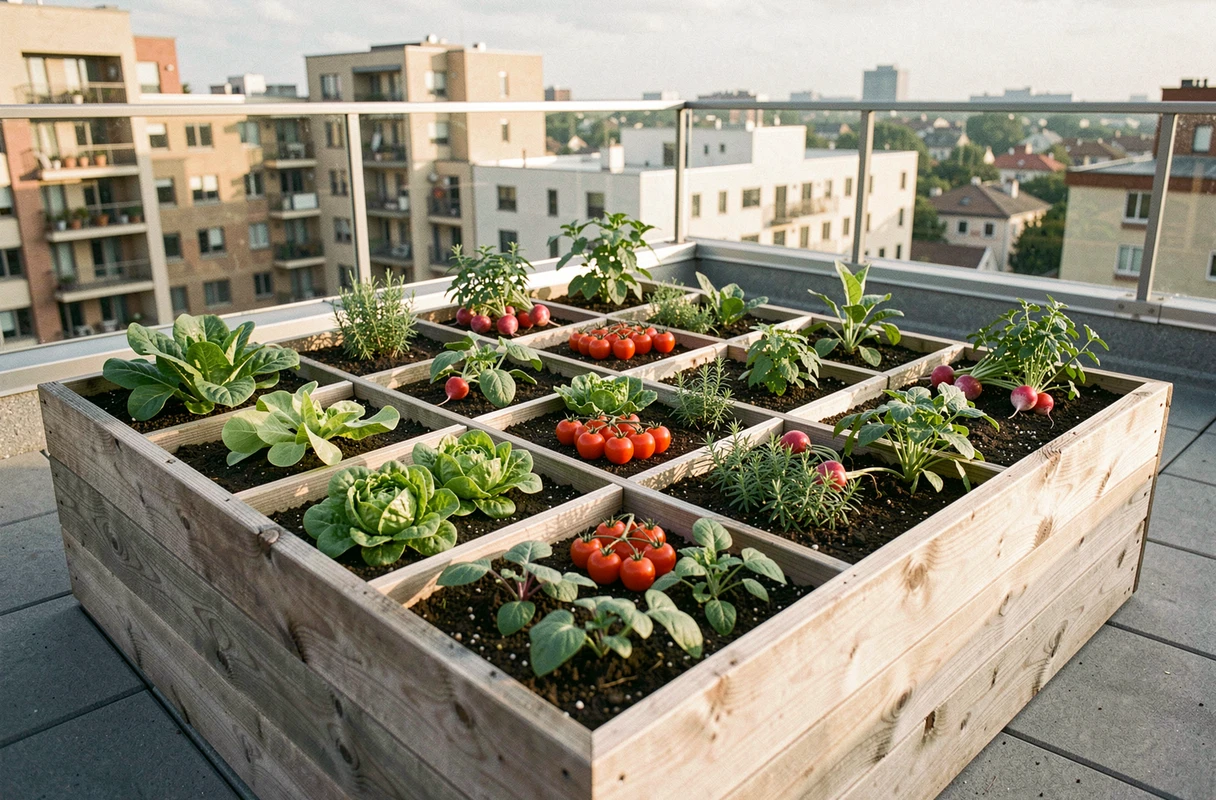Potager en carré sur une terrasse urbaine avec légumes variés organisés en petits carrés délimités par des lattes en bois