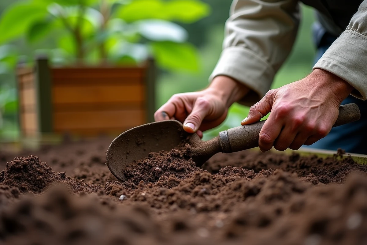 Mains qui travaillent le sol du potager en incorporant du compost avant de planter des melons