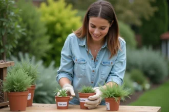 Femme en jardin préparant des sauges sur un plan de travail