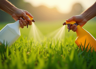 Triclopyr ou glyphosate : quel est le meilleur ? Comparaison des deux herbicides Deux mains avec pulvérisateurs sur un champ vert ensoleille