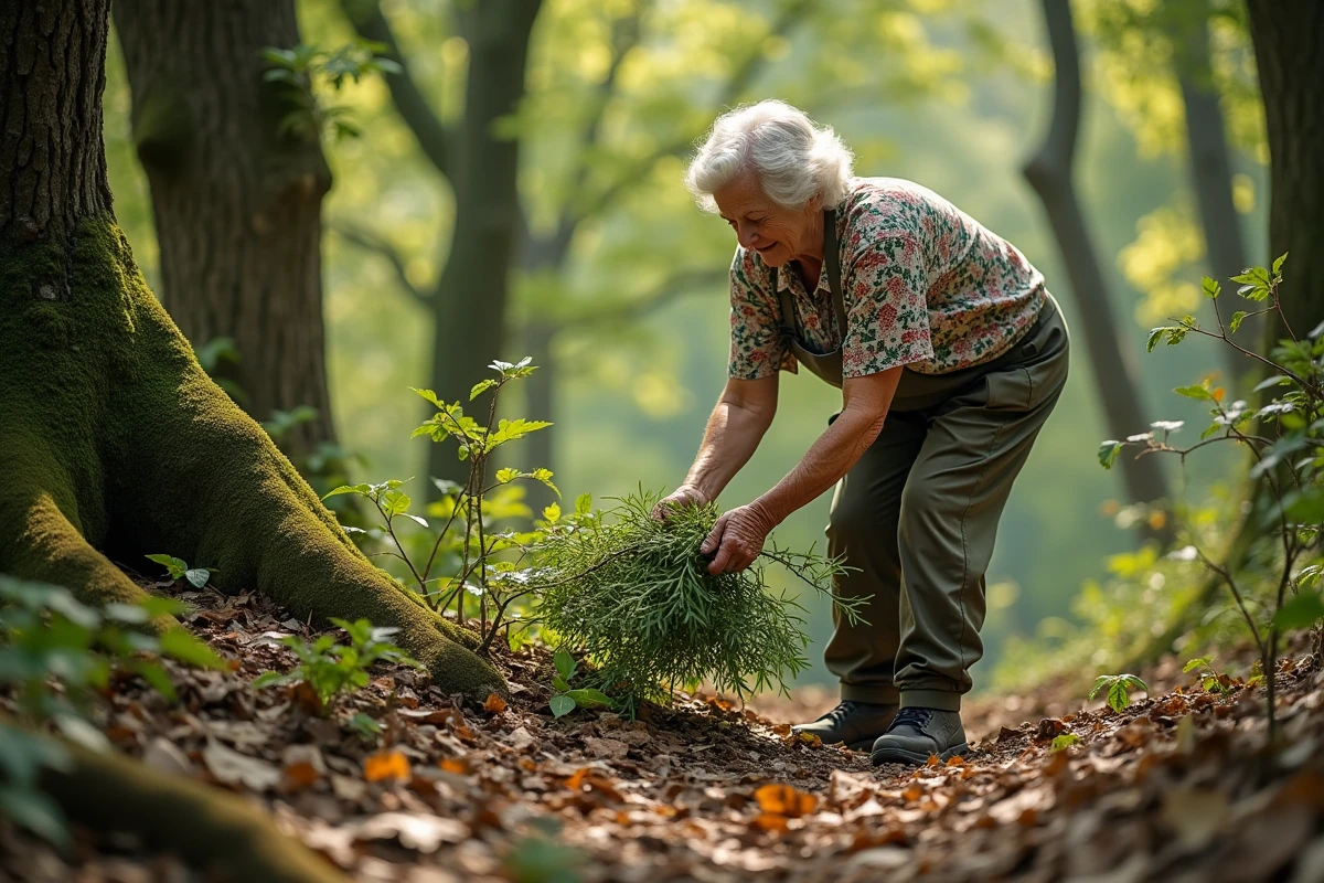 Femme âgée ramassant des branches d