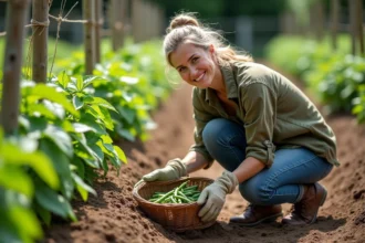 Femme en train de récolter des haricots verts à la main dans un potager, avec un panier en osier posé sur le sol entre les rangées de plants