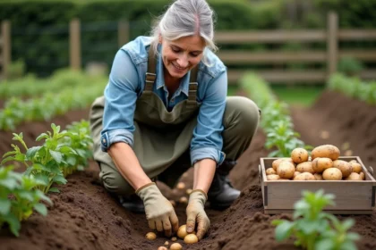 Femme récoltant des pommes de terre en tirant sur les fanes séchées dans un potager en pleine terre