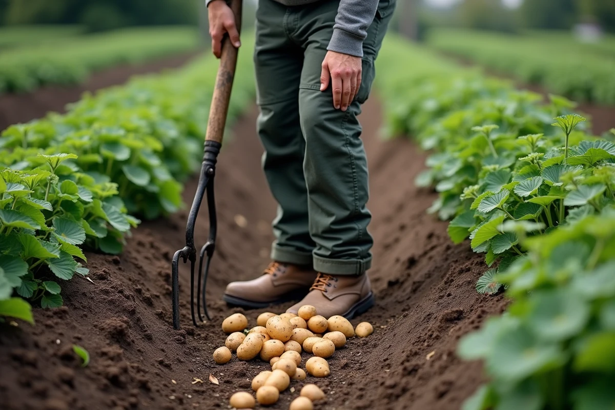 Homme utilisant une fourche pour déterrer des pommes de terre avec les fanes encore vertes dans un potager