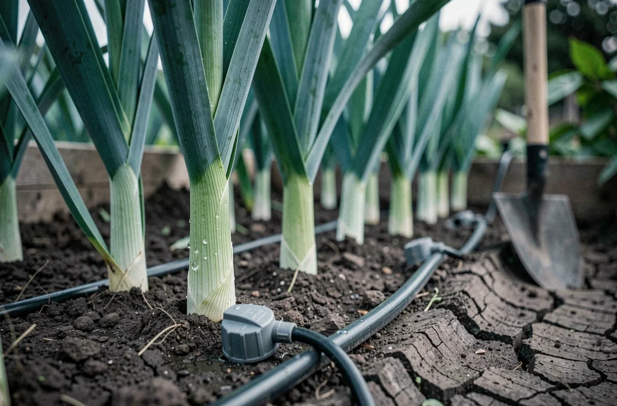 Gros plan sur un régulateur de débit d'arrosage goutte-à-goutte au pied de poireaux dans un potager