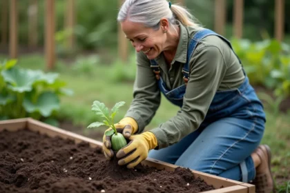 Femme qui repique un plant de melon dans un potager avec un sol bien préparé et riche en compost