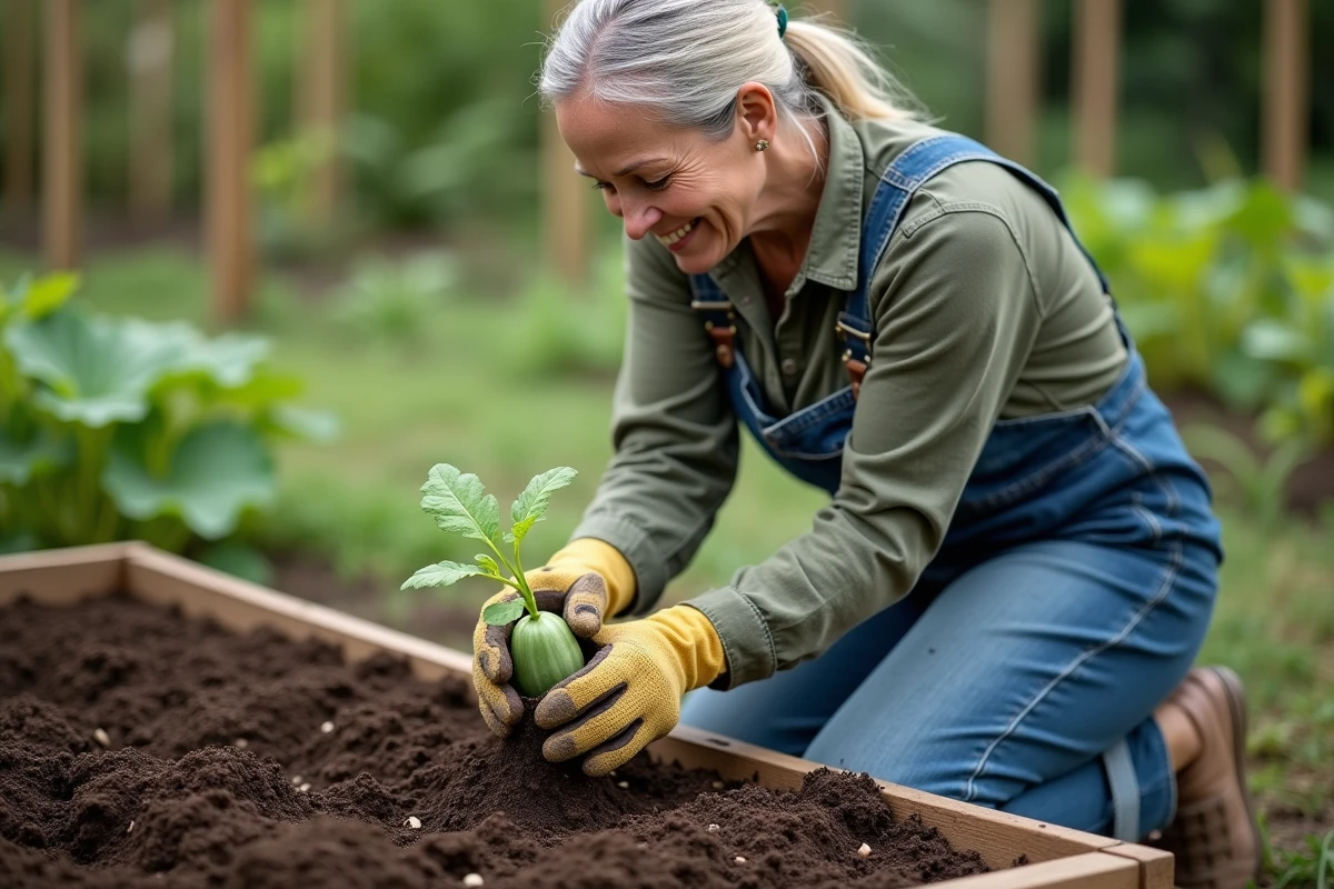 Femme qui repique un plant de melon dans un potager avec un sol bien préparé et riche en compost