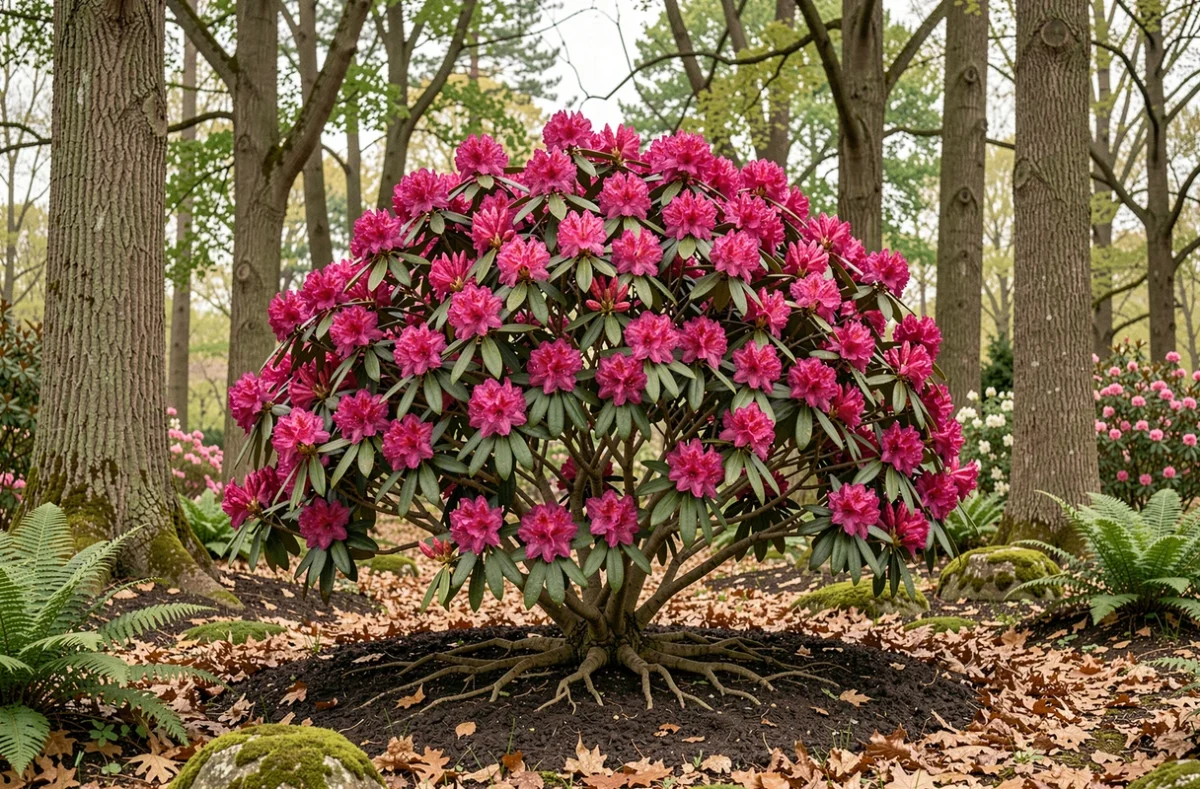 Rhododendron en pleine floraison planté en pleine terre sous des chênes dans un jardin de sous-bois au printemps