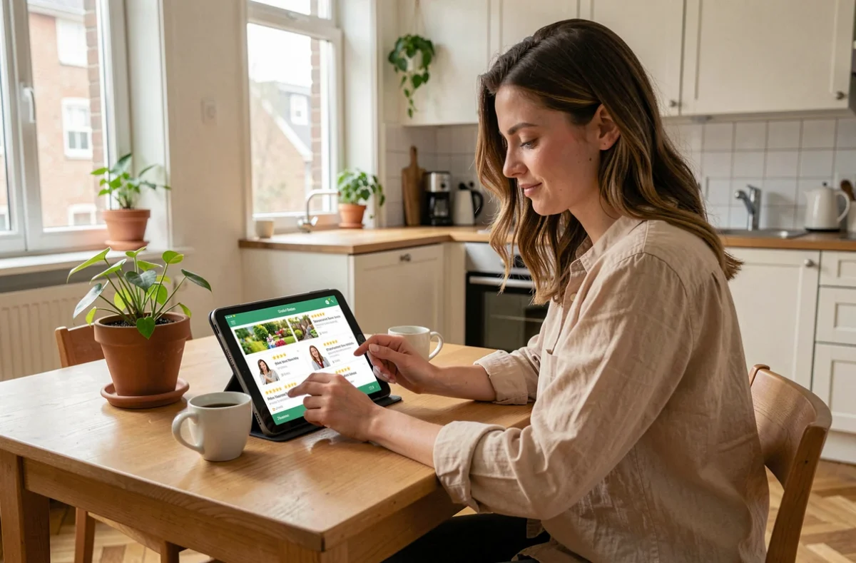 Utilisatrice réservant un jardinier via la plateforme Ring Twice depuis son domicile à Lille