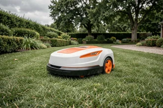 Robot tondeuse Kress en action sur une pelouse résidentielle bien entretenue