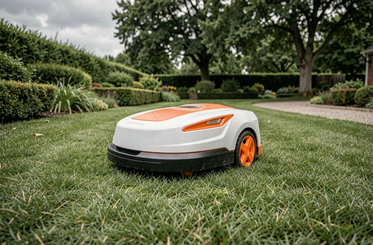 Robot tondeuse Kress en action sur une pelouse résidentielle bien entretenue