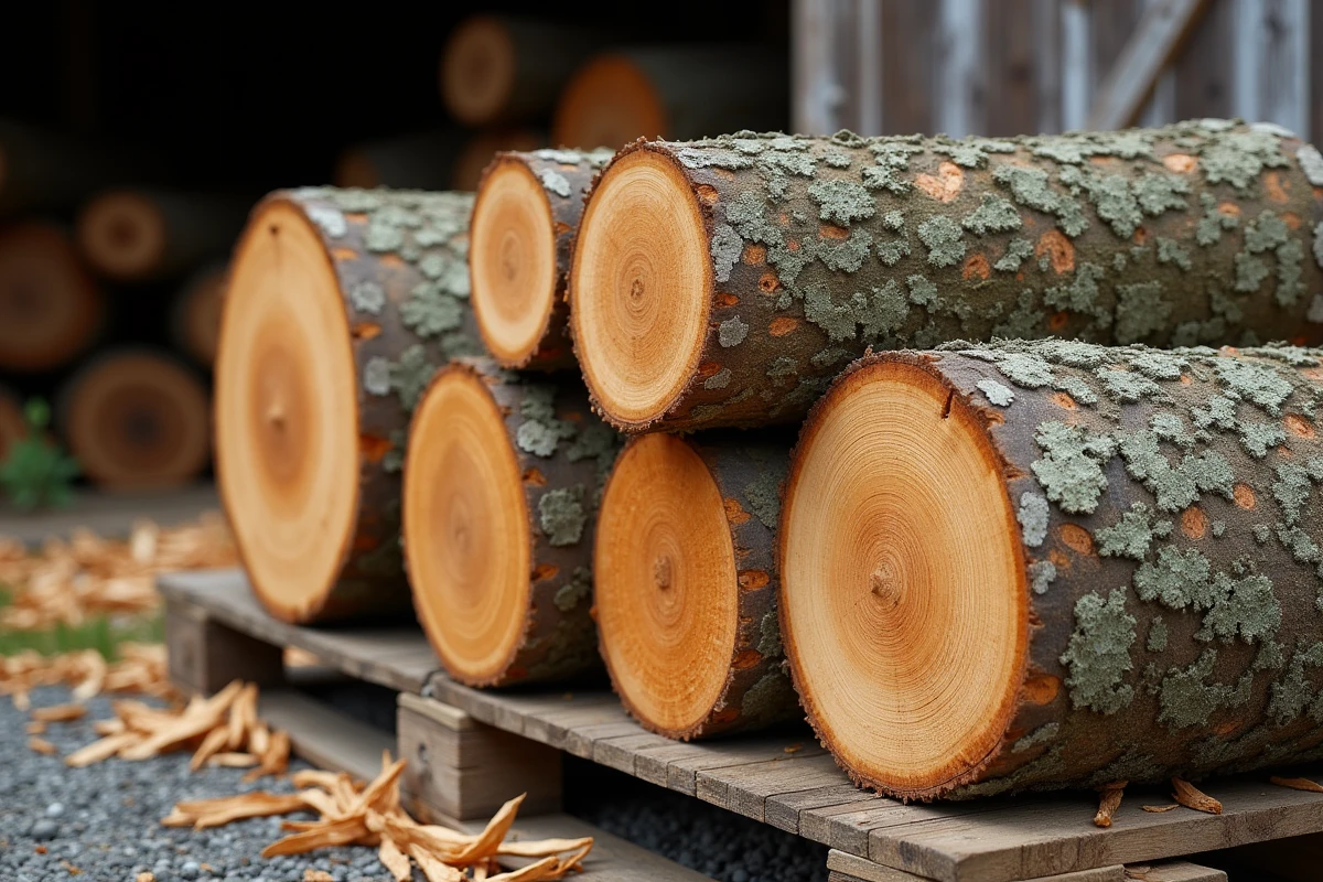 Gros plan sur des rondins en grume empilés sur palette montrant les cernes de croissance et la qualité du bois de chauffage