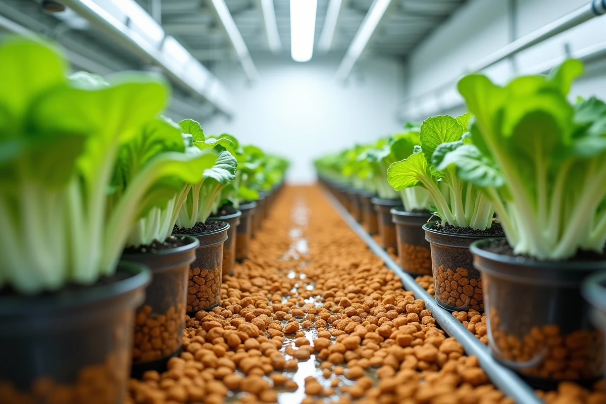 Salle de culture hydroponique professionnelle avec rangs de pots filets remplis de billes d'argile supportant laitues et herbes aromatiques