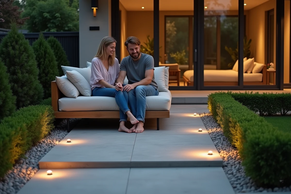 Couple détendu sur un salon extérieur moderne avec balises lumineuses au sol longeant une allée en béton géométrique entourée de buis taillés