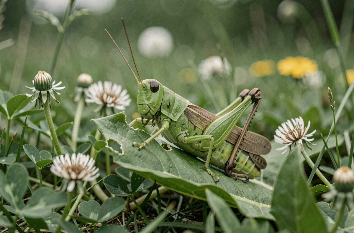 Sauterelle verte qui mange une feuille fraîche dans une prairie verdoyante en été