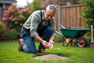 Homme d'âge moyen semant du gazon dans un jardin