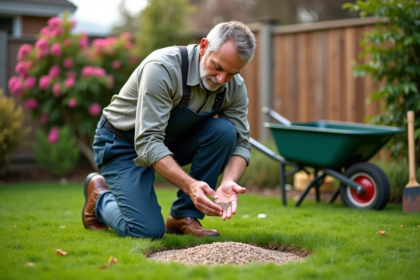 Homme d'âge moyen semant du gazon dans un jardin