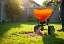 Jardinier étalant des graines sur une pelouse ensoleillée