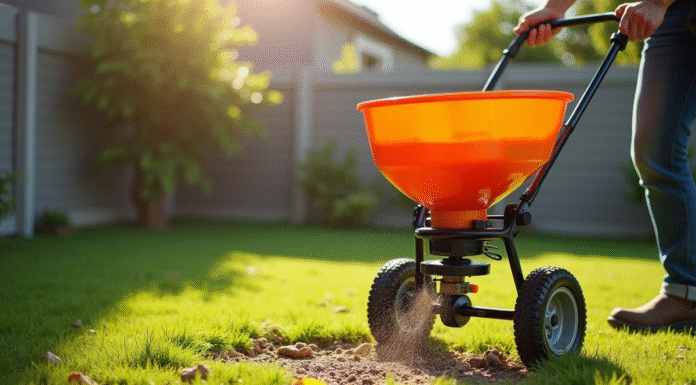 Jardinier étalant des graines sur une pelouse ensoleillée