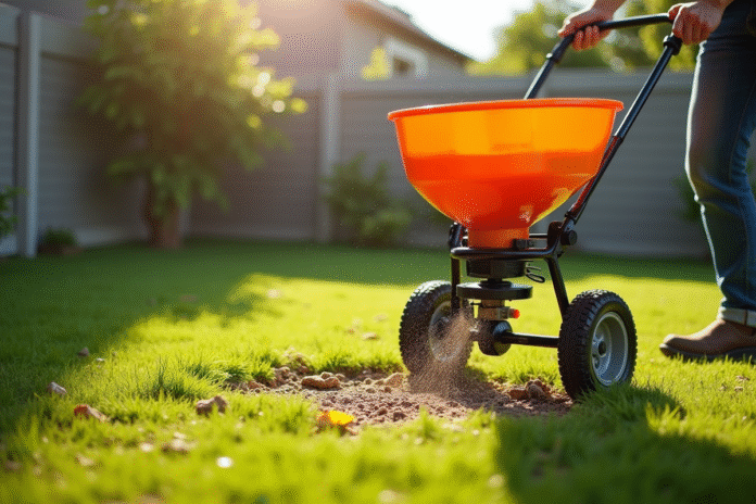 Jardinier étalant des graines sur une pelouse ensoleillée
