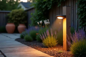 Spot extérieur solaire LED installé dans un coin de jardin avec massif de lavande et clôture en bois au crépuscule