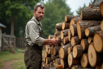 Homme d'âge moyen empilant du bois d'albizia fraîchement coupé