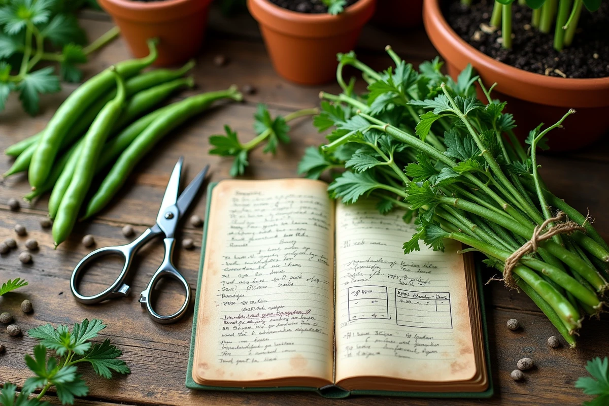 Vue du dessus d'une table en bois rustique avec des haricots verts fraîchement récoltés, des ciseaux de jardinage et un carnet de notes de culture